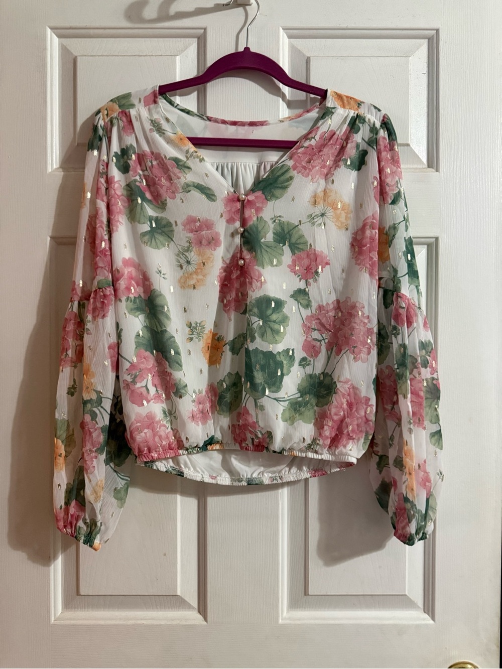 Floral V-Neck Long Sleeve Blouse - White with Pink & Green Floral